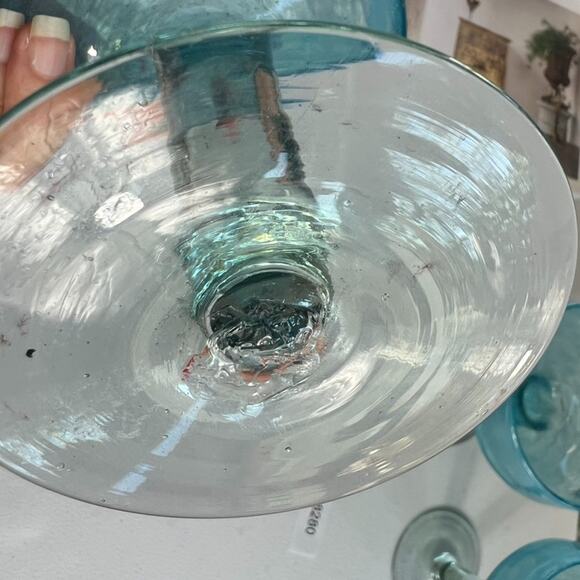 Hand blown Margarita Glasses Set of 3 6.5" Tall Aqua Blue Swirl Unmarked - Picture 7 of 9